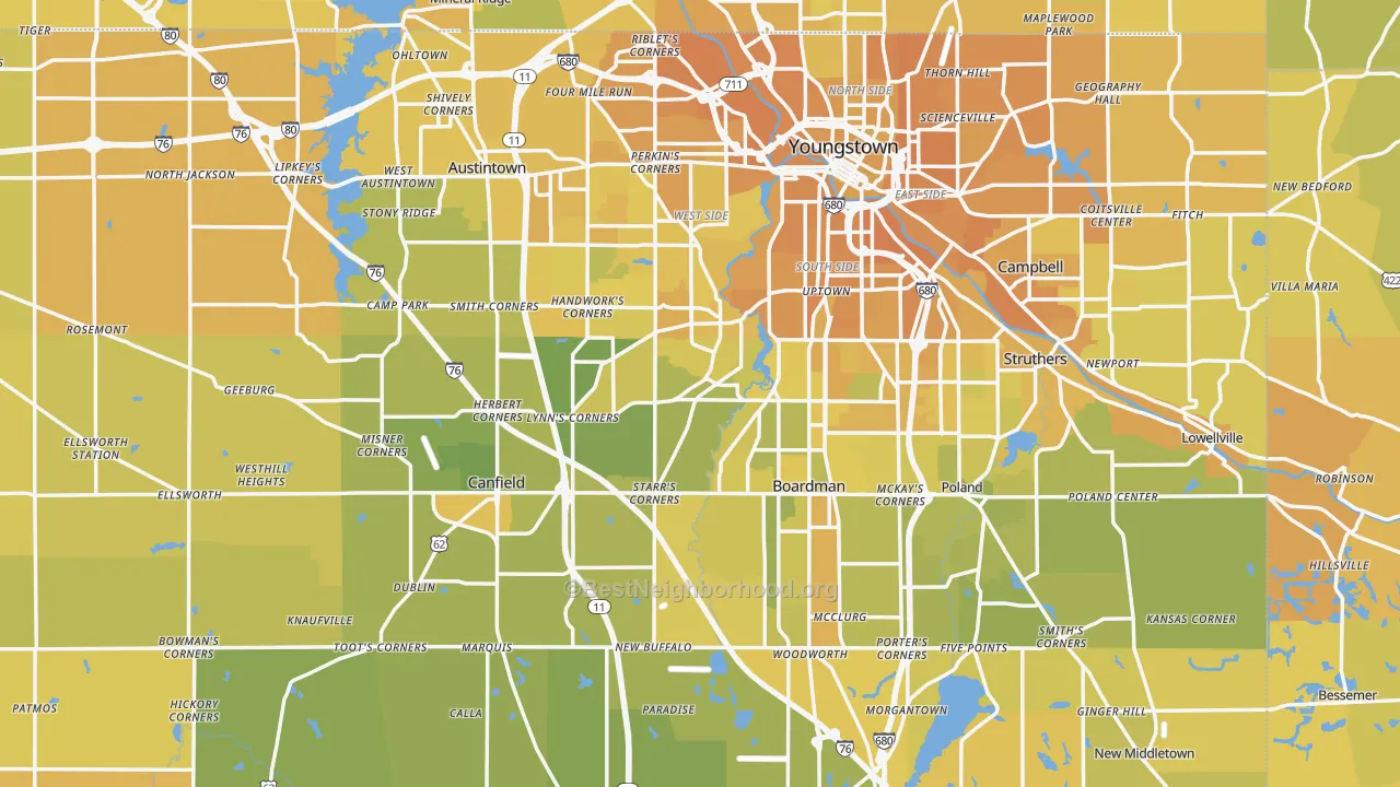 Map of the best neighborhoods in the Mahoning County area, with better matches in green and worse matches in red