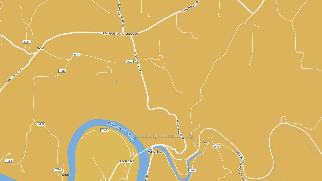 Map of the best neighborhoods in the Mahoning area, with better matches in green and worse matches in red