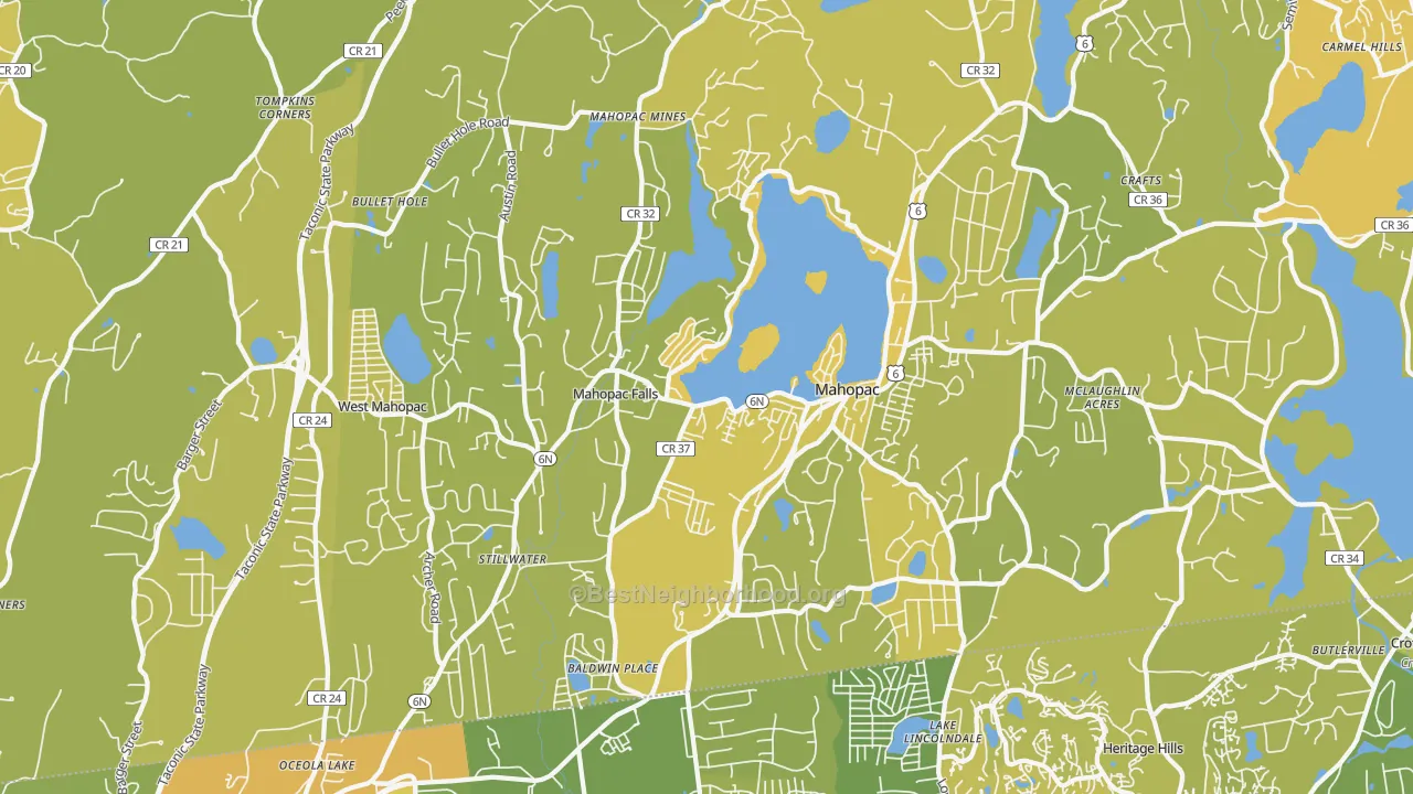 Map of the best neighborhoods in the Mahopac area, with better matches in green and worse matches in red