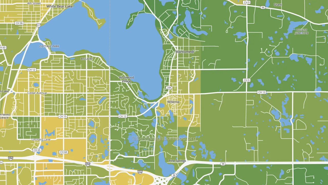 Map of the best neighborhoods in the Mahtomedi area, with better matches in green and worse matches in red