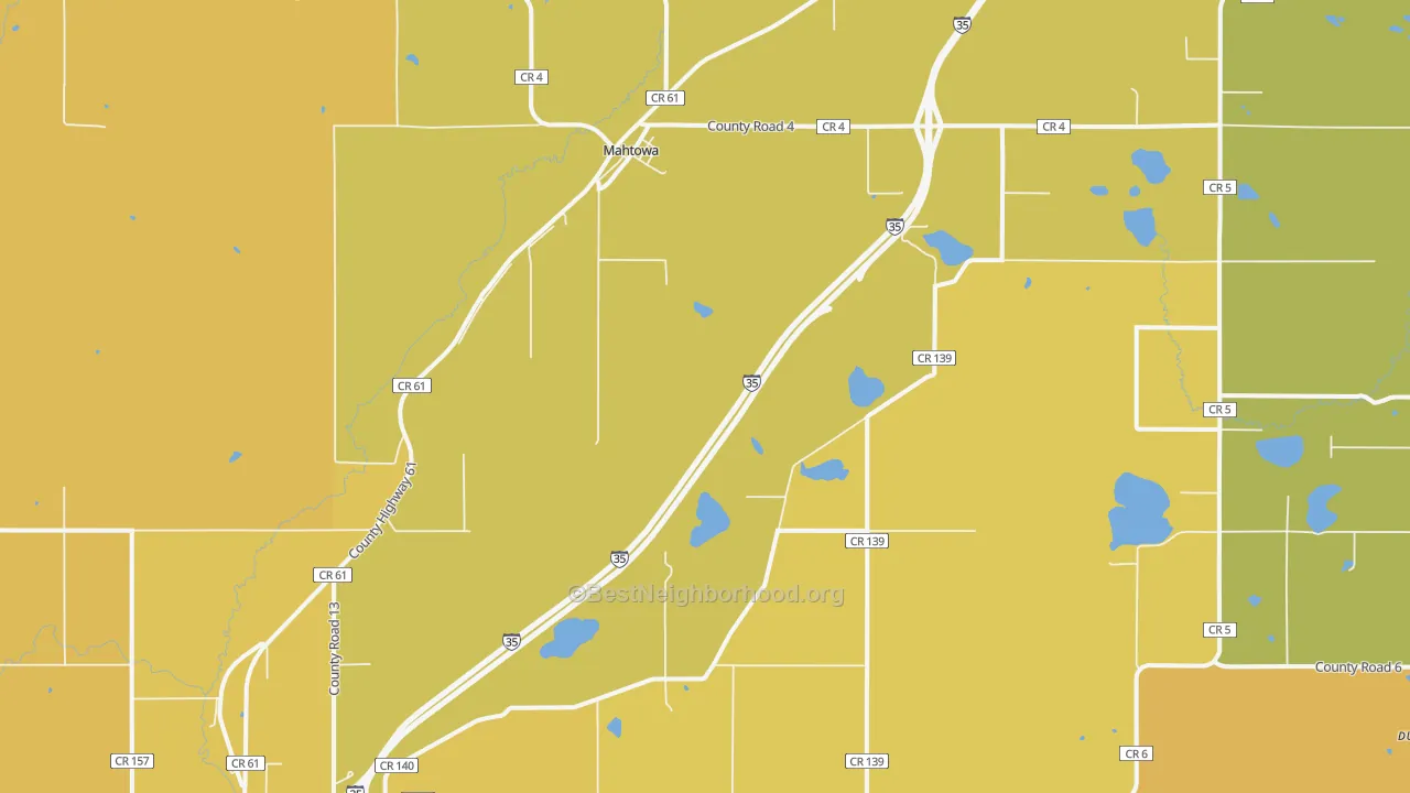 Map of the best neighborhoods in the Mahtowa area, with better matches in green and worse matches in red