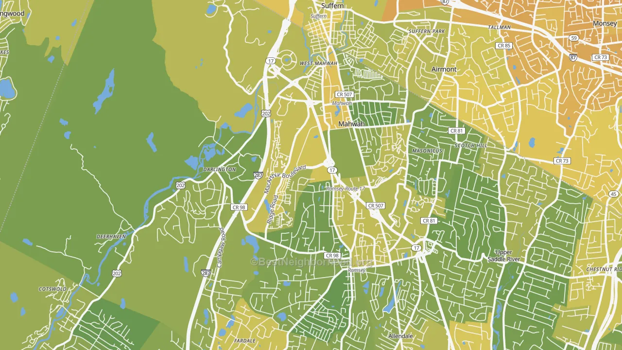 Map of the best neighborhoods in the Mahwah area, with better matches in green and worse matches in red