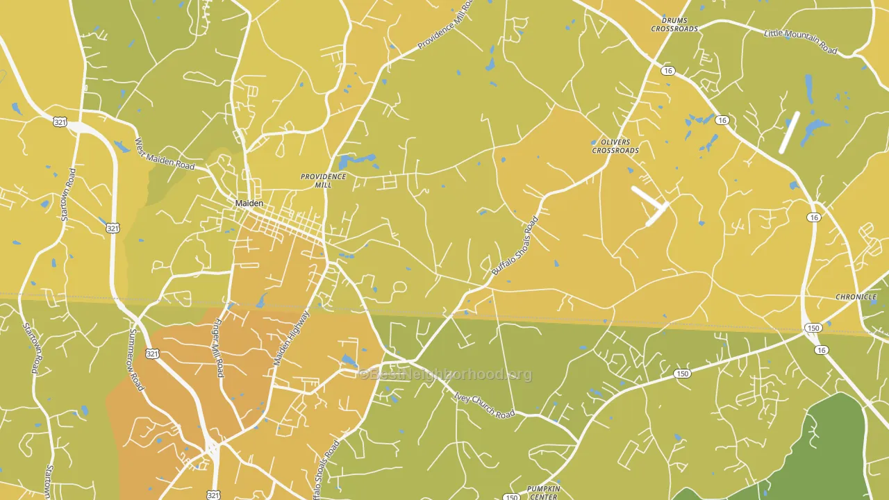 Map of the best neighborhoods in the Maiden area, with better matches in green and worse matches in red