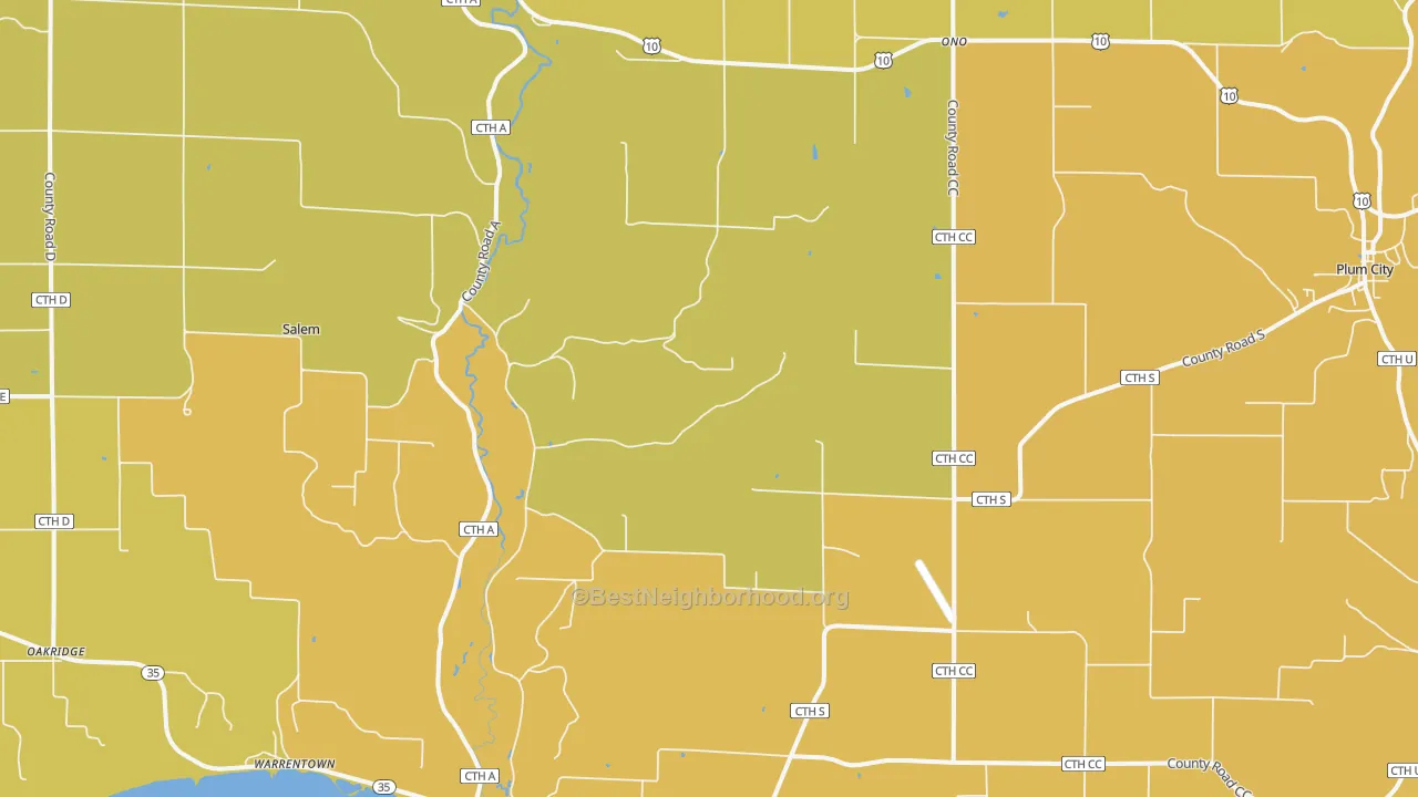 Map of the best neighborhoods in the Maiden Rock area, with better matches in green and worse matches in red