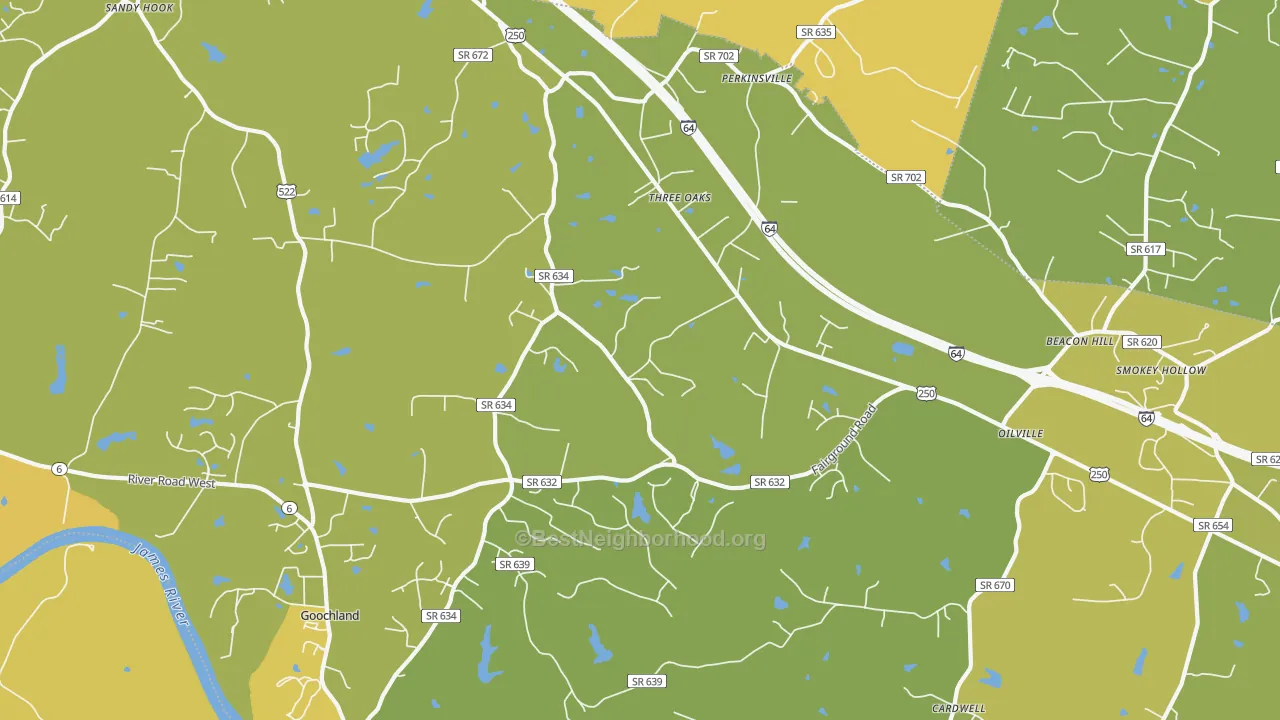 Map of the best neighborhoods in the Maidens area, with better matches in green and worse matches in red
