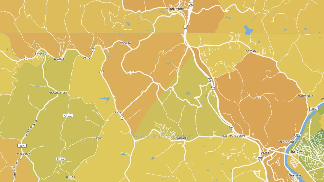 Map of the best neighborhoods in the Maidsville area, with better matches in green and worse matches in red