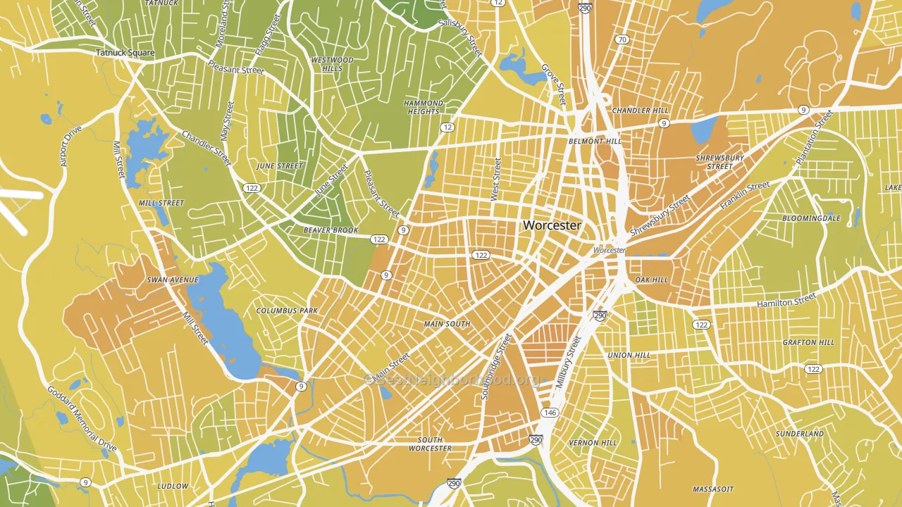 Map of the best neighborhoods in the Main Middle, Worcester area, with better matches in green and worse matches in red