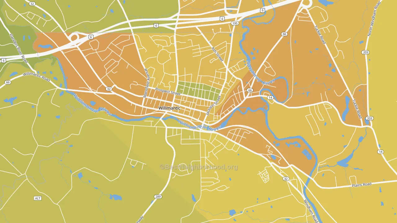 Map of the best neighborhoods in the Main Street, Willimantic area, with better matches in green and worse matches in red