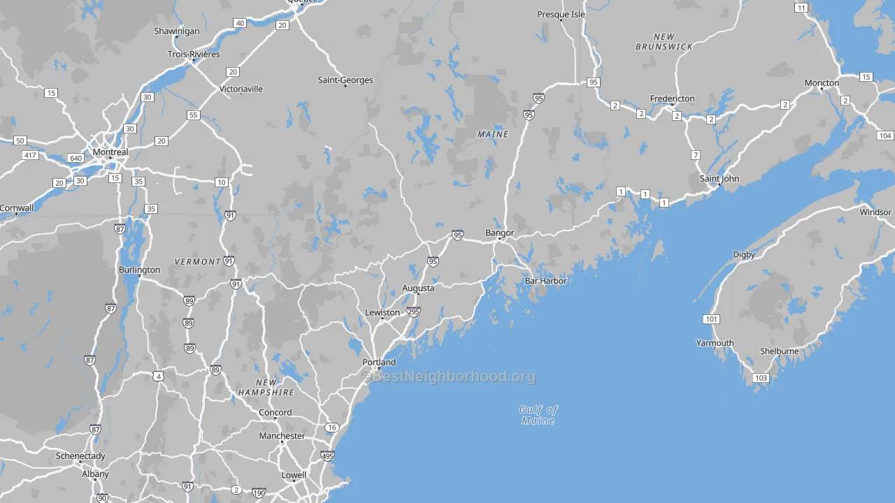 Map of the best neighborhoods in the Maine area, with better matches in green and worse matches in red