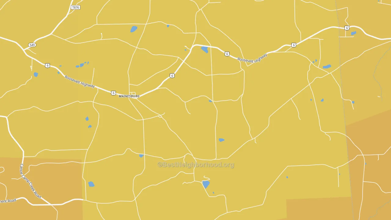 Map of the best neighborhoods in the Mainesburg area, with better matches in green and worse matches in red