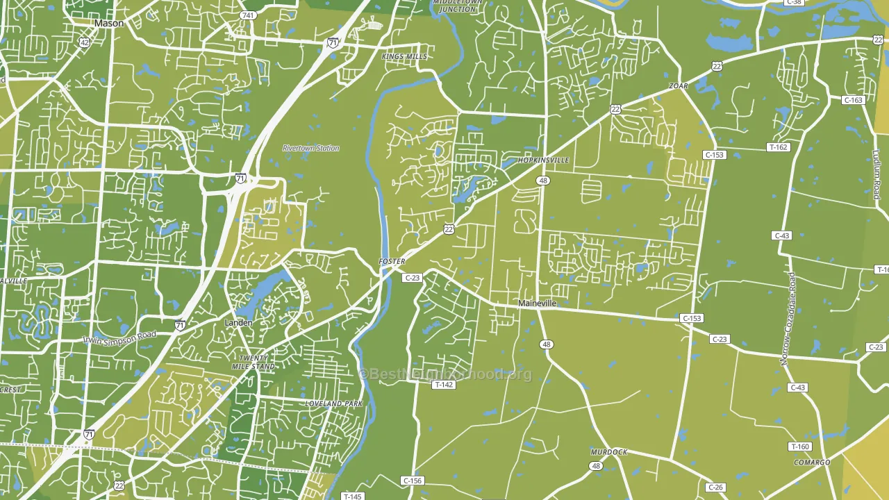 Map of the best neighborhoods in the Maineville area, with better matches in green and worse matches in red