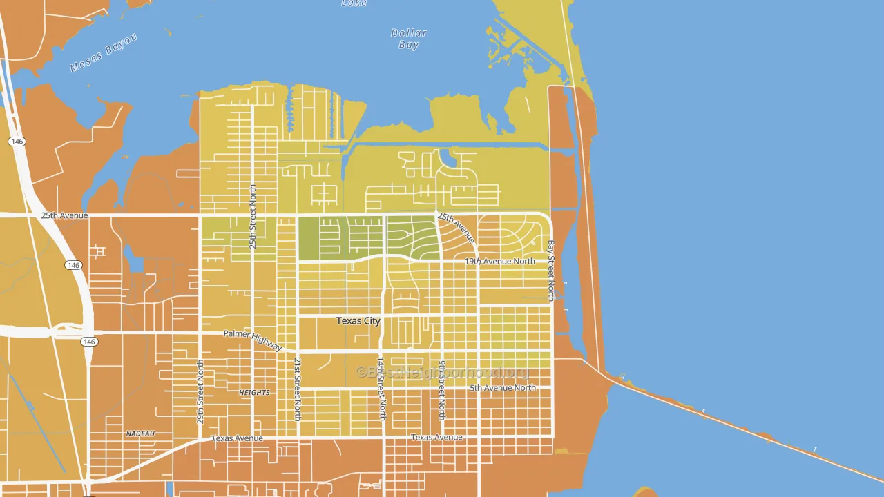 Map of the best neighborhoods in the Mainland Park, Texas City area, with better matches in green and worse matches in red