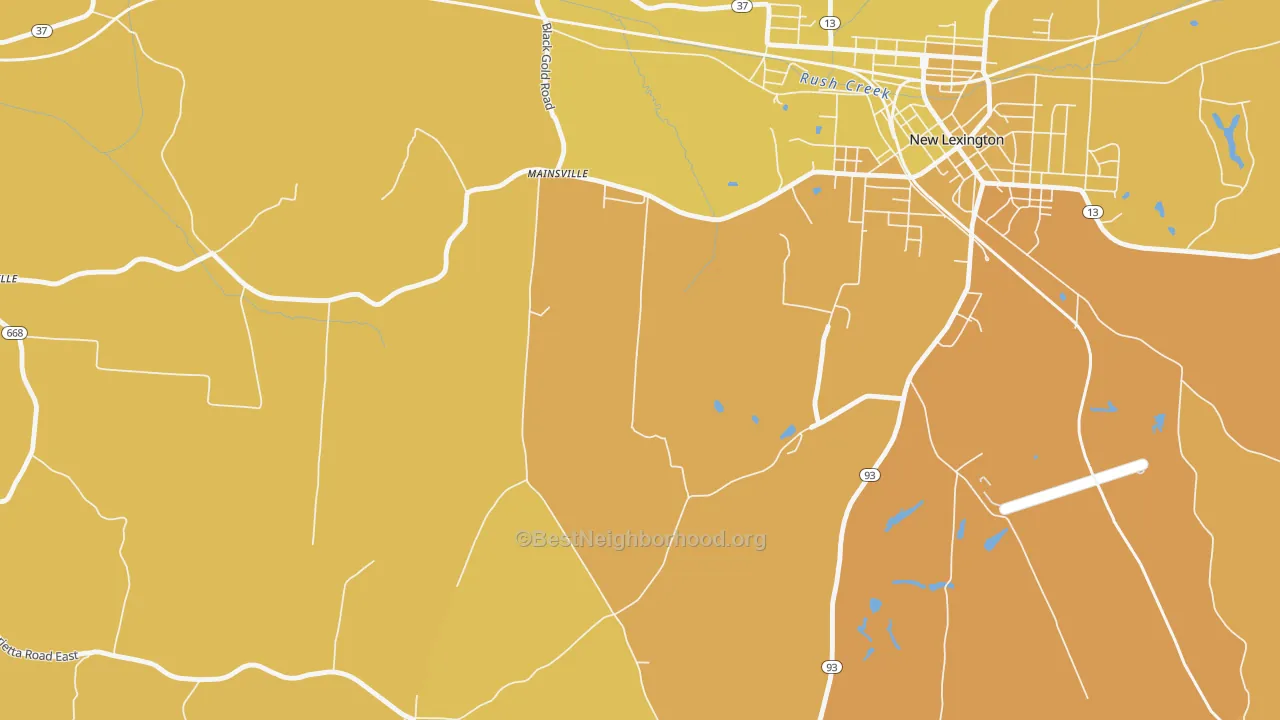 Map of the best neighborhoods in the Mainsville area, with better matches in green and worse matches in red