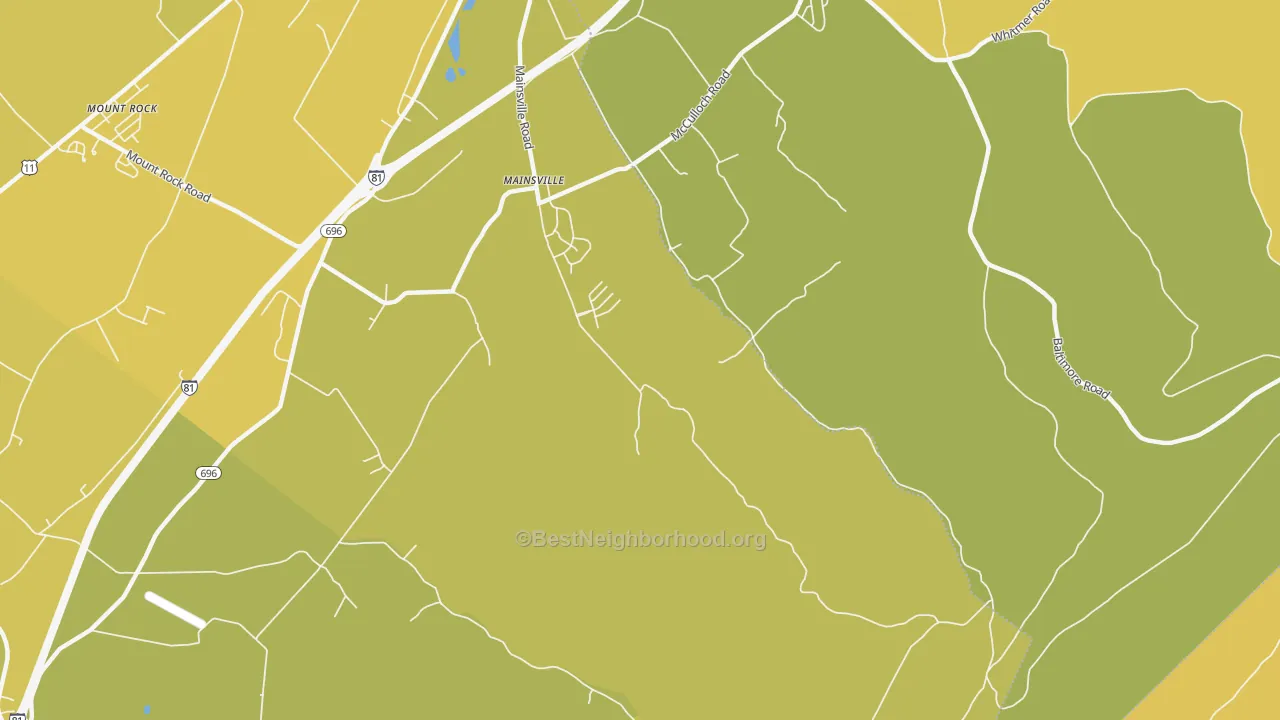 Map of the best neighborhoods in the Mainsville area, with better matches in green and worse matches in red
