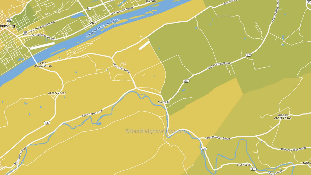 Map of the best neighborhoods in the Mainville area, with better matches in green and worse matches in red