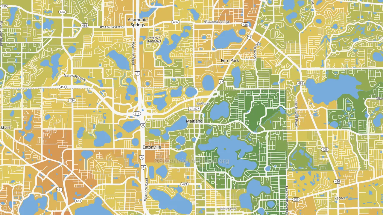 Map of the best neighborhoods in the Maitland area, with better matches in green and worse matches in red