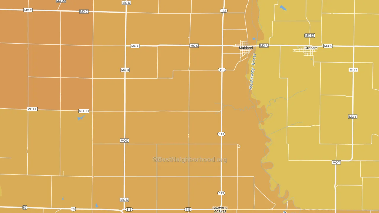 Map of the best neighborhoods in the Maitland area, with better matches in green and worse matches in red