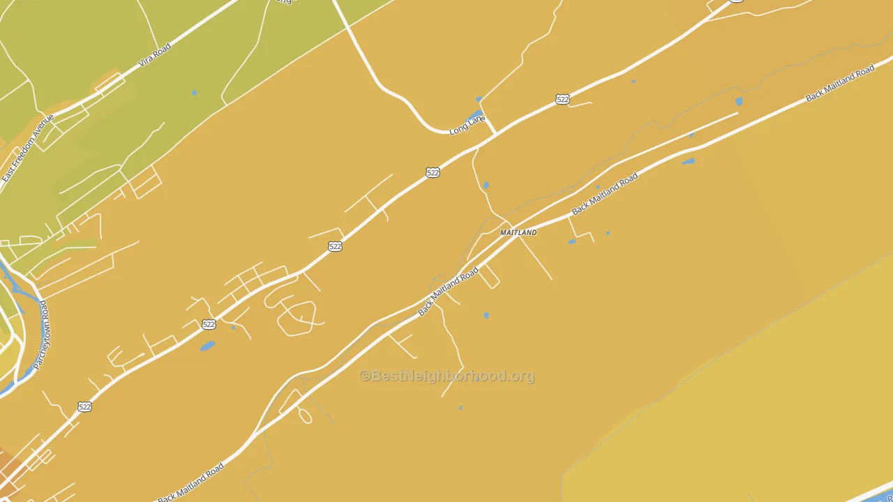 Map of the best neighborhoods in the Maitland area, with better matches in green and worse matches in red