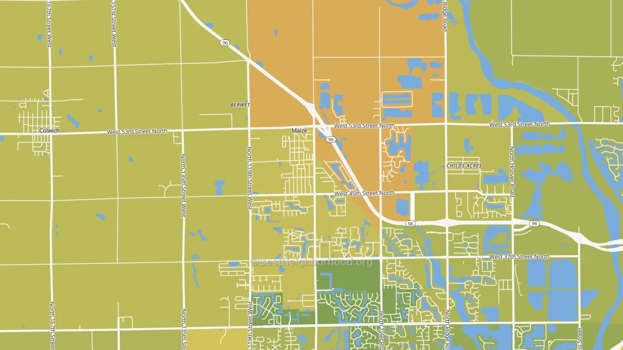 Map of the best neighborhoods in the Maize area, with better matches in green and worse matches in red