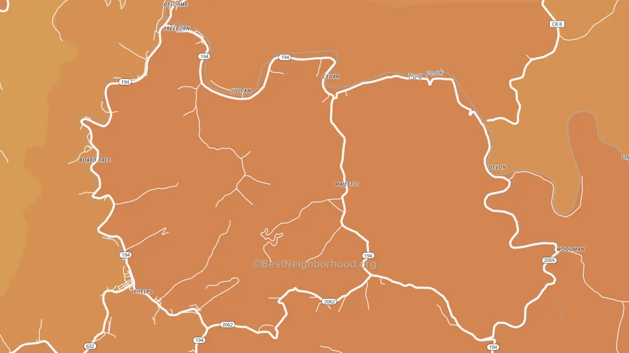 Map of the best neighborhoods in the Majestic area, with better matches in green and worse matches in red