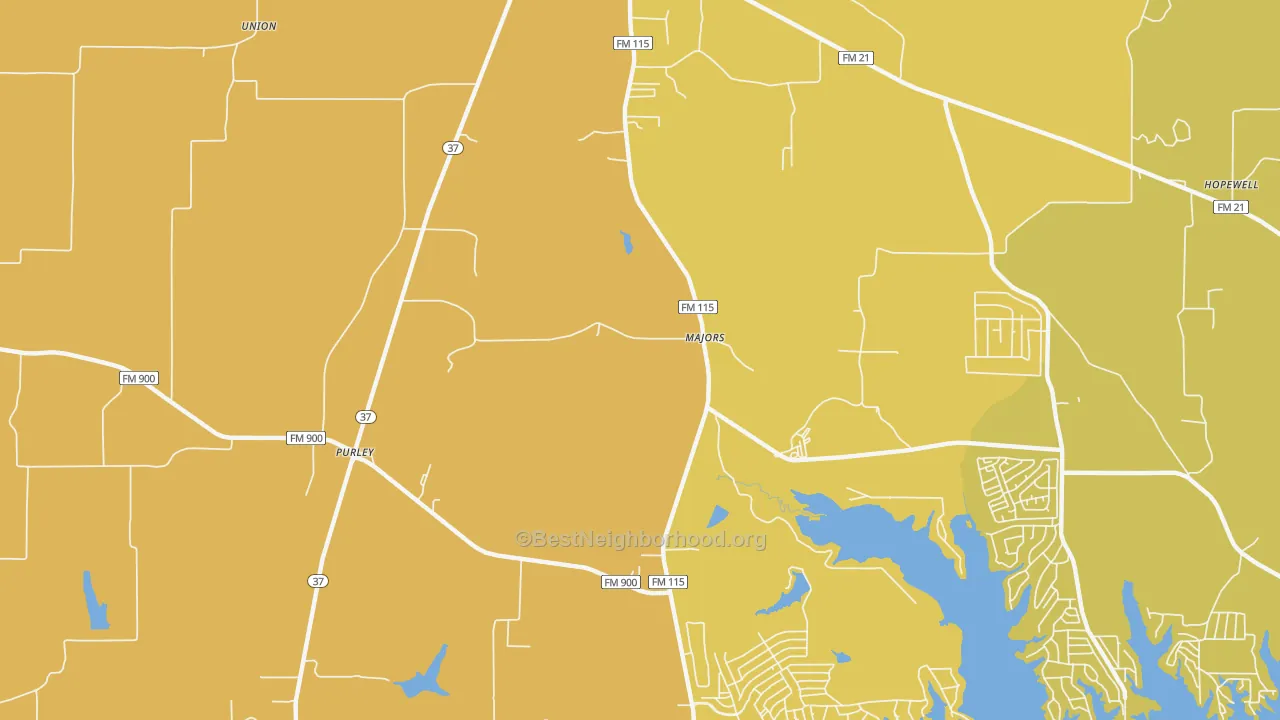 Map of the best neighborhoods in the Majors area, with better matches in green and worse matches in red