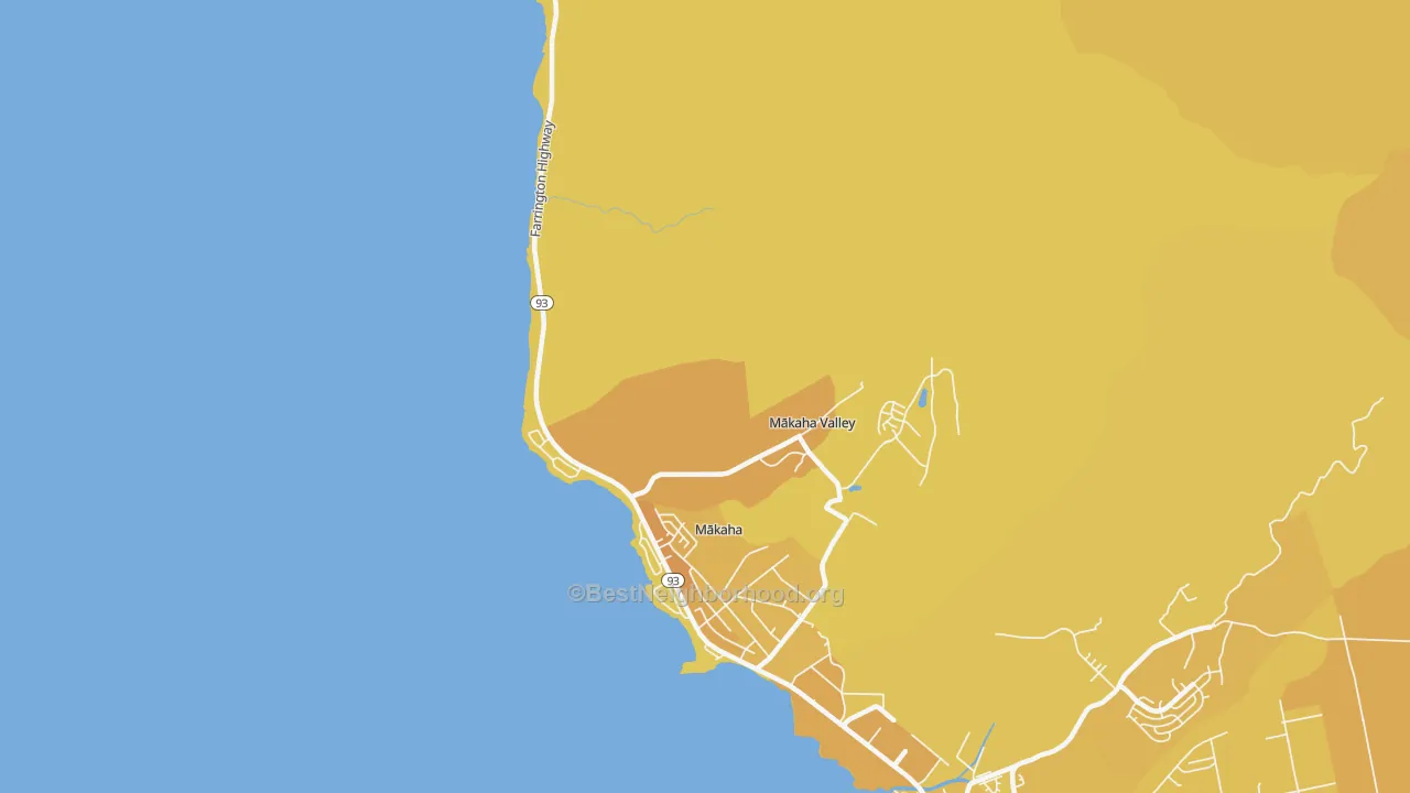 Map of the best neighborhoods in the Makaha area, with better matches in green and worse matches in red