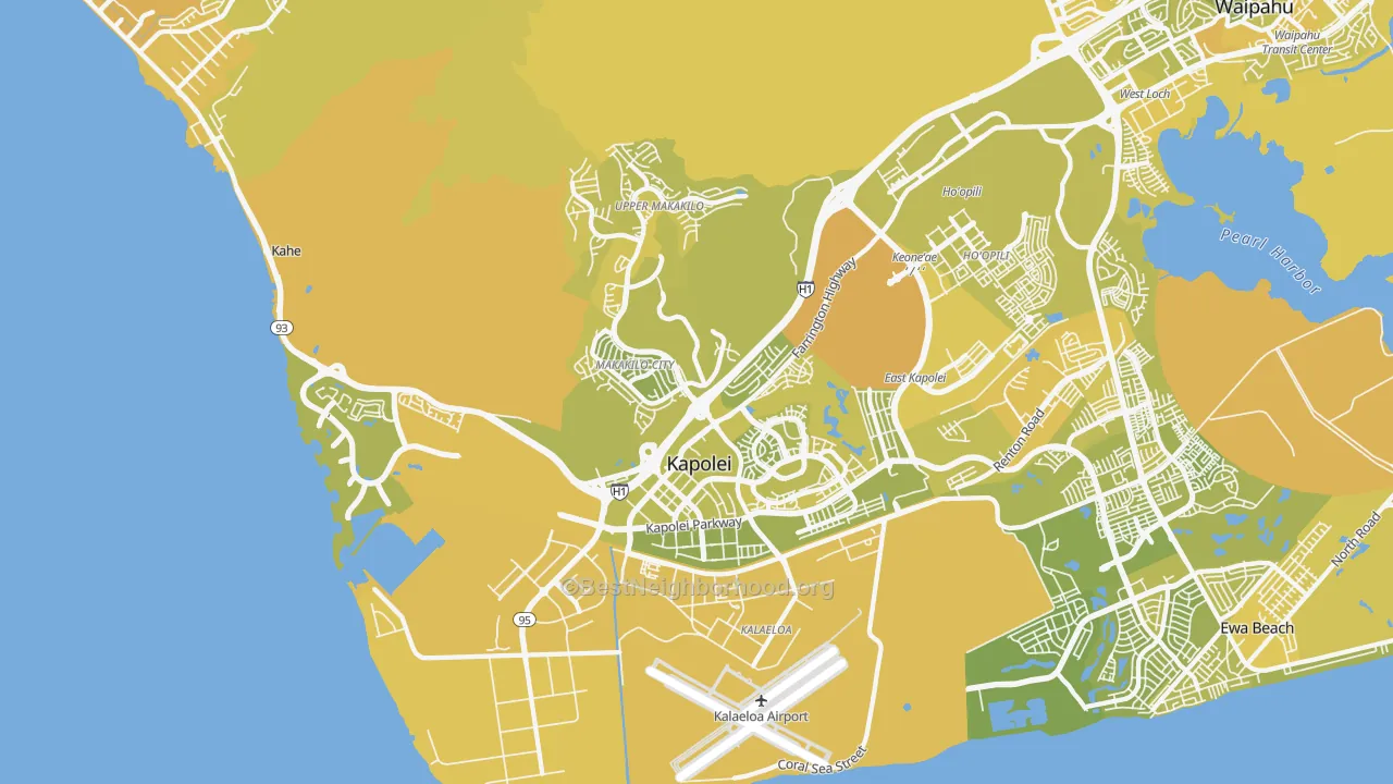 Map of the best neighborhoods in the Makakilo-Kapolei-Honokai Hale, Kapolei area, with better matches in green and worse matches in red