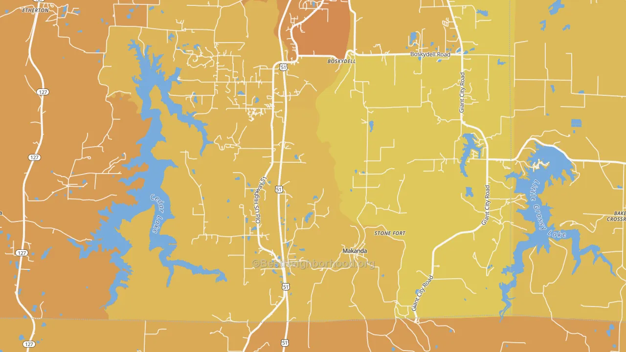 Map of the best neighborhoods in the Makanda area, with better matches in green and worse matches in red