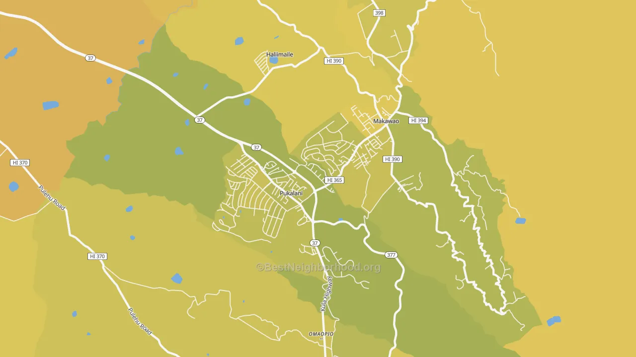 Map of the best neighborhoods in the Makawao area, with better matches in green and worse matches in red