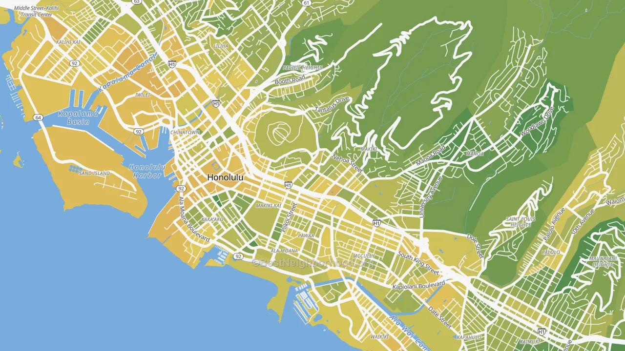 Map of the best neighborhoods in the Makiki, Honolulu area, with better matches in green and worse matches in red