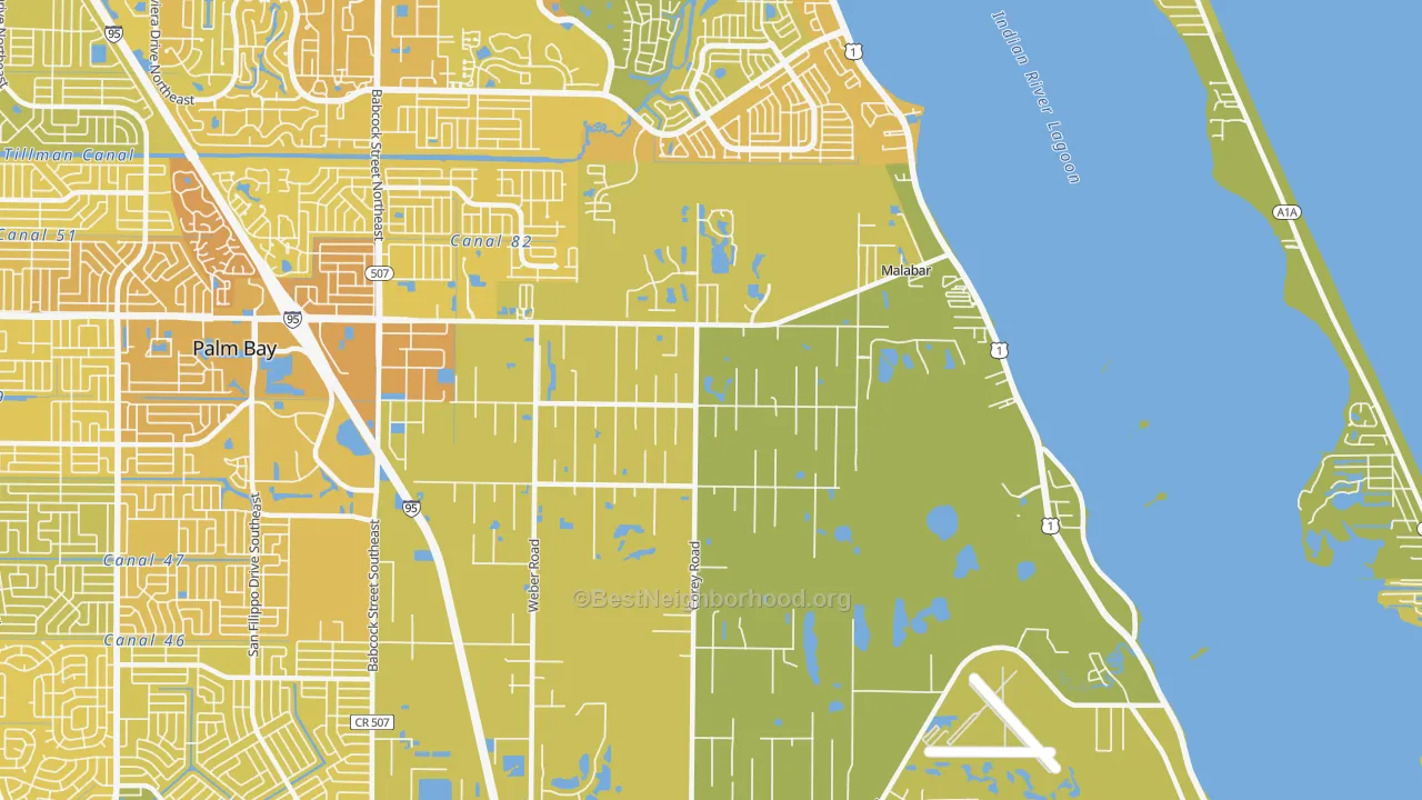 Map of the best neighborhoods in the Malabar area, with better matches in green and worse matches in red