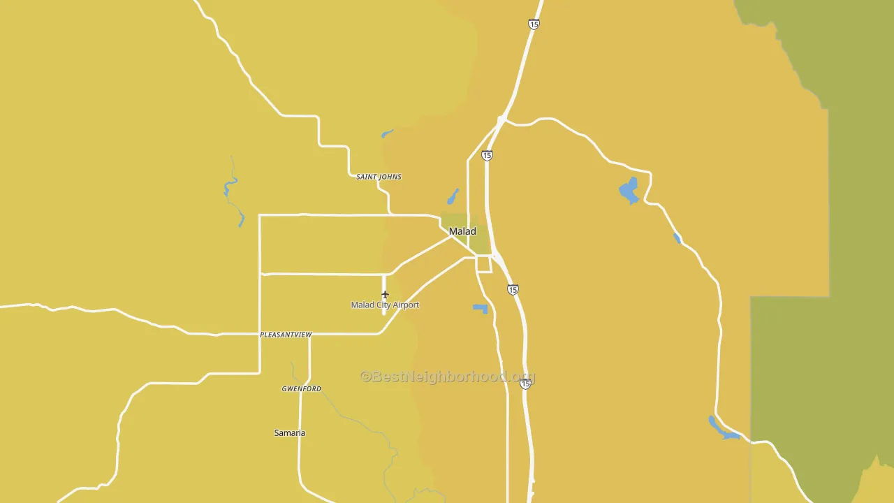 Map of the best neighborhoods in the Malad City area, with better matches in green and worse matches in red
