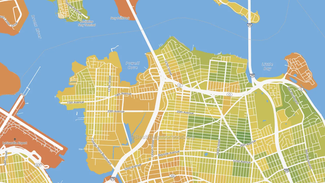 Map of the best neighborhoods in the Malba, Queens area, with better matches in green and worse matches in red