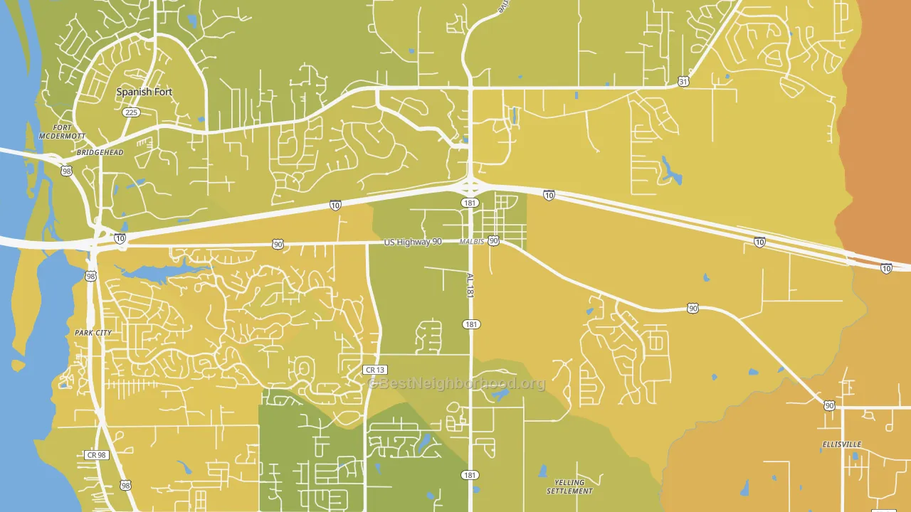 Map of the best neighborhoods in the Malbis area, with better matches in green and worse matches in red