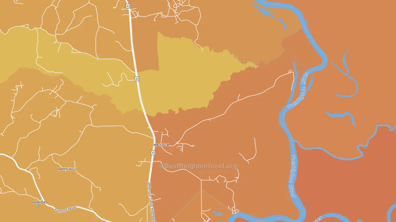 Map of the best neighborhoods in the Malcolm area, with better matches in green and worse matches in red