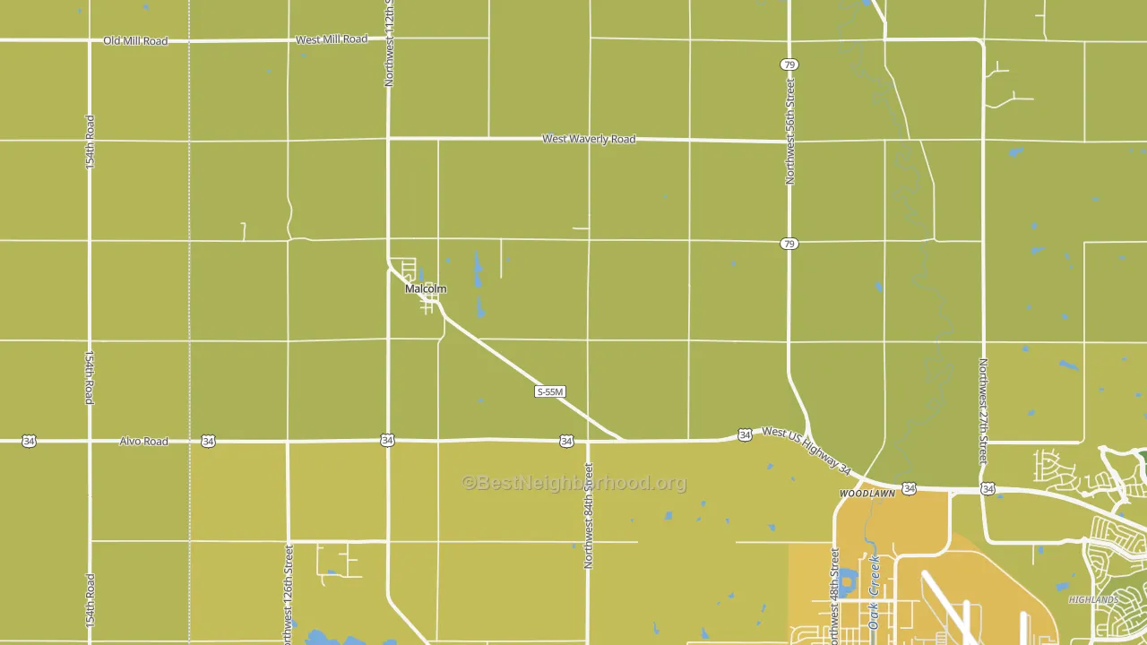 Map of the best neighborhoods in the Malcolm area, with better matches in green and worse matches in red