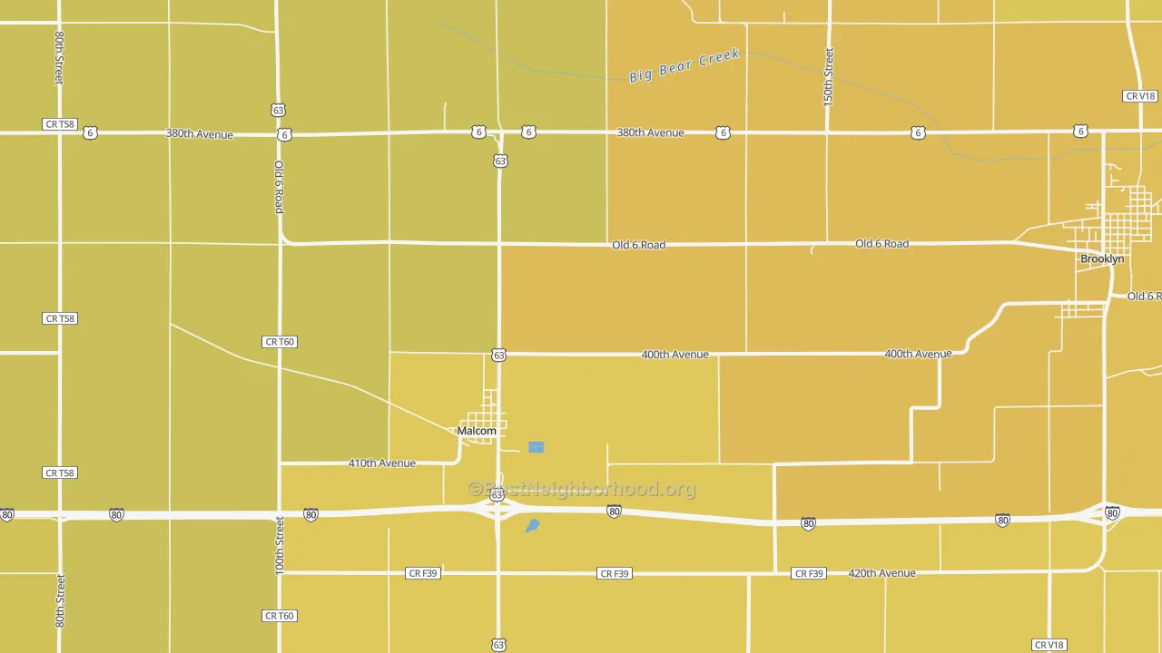 Map of the best neighborhoods in the Malcom area, with better matches in green and worse matches in red