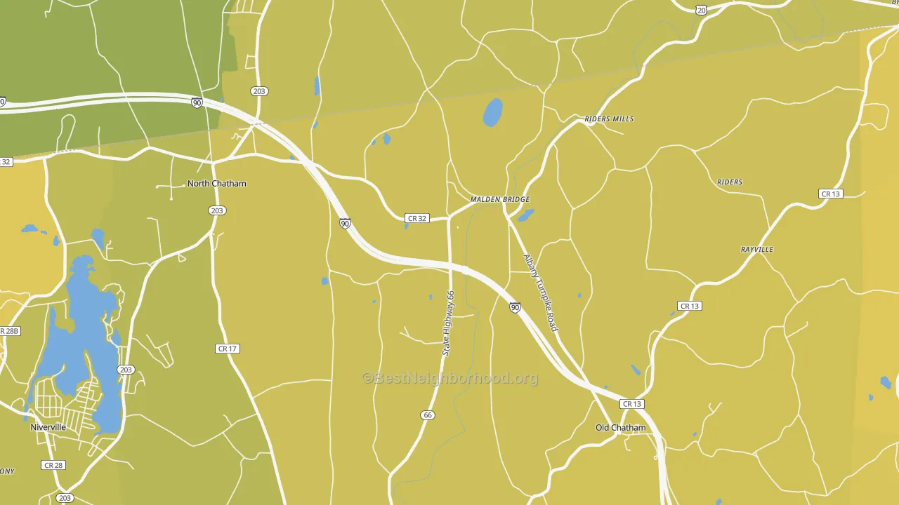 Map of the best neighborhoods in the Malden Bridge area, with better matches in green and worse matches in red