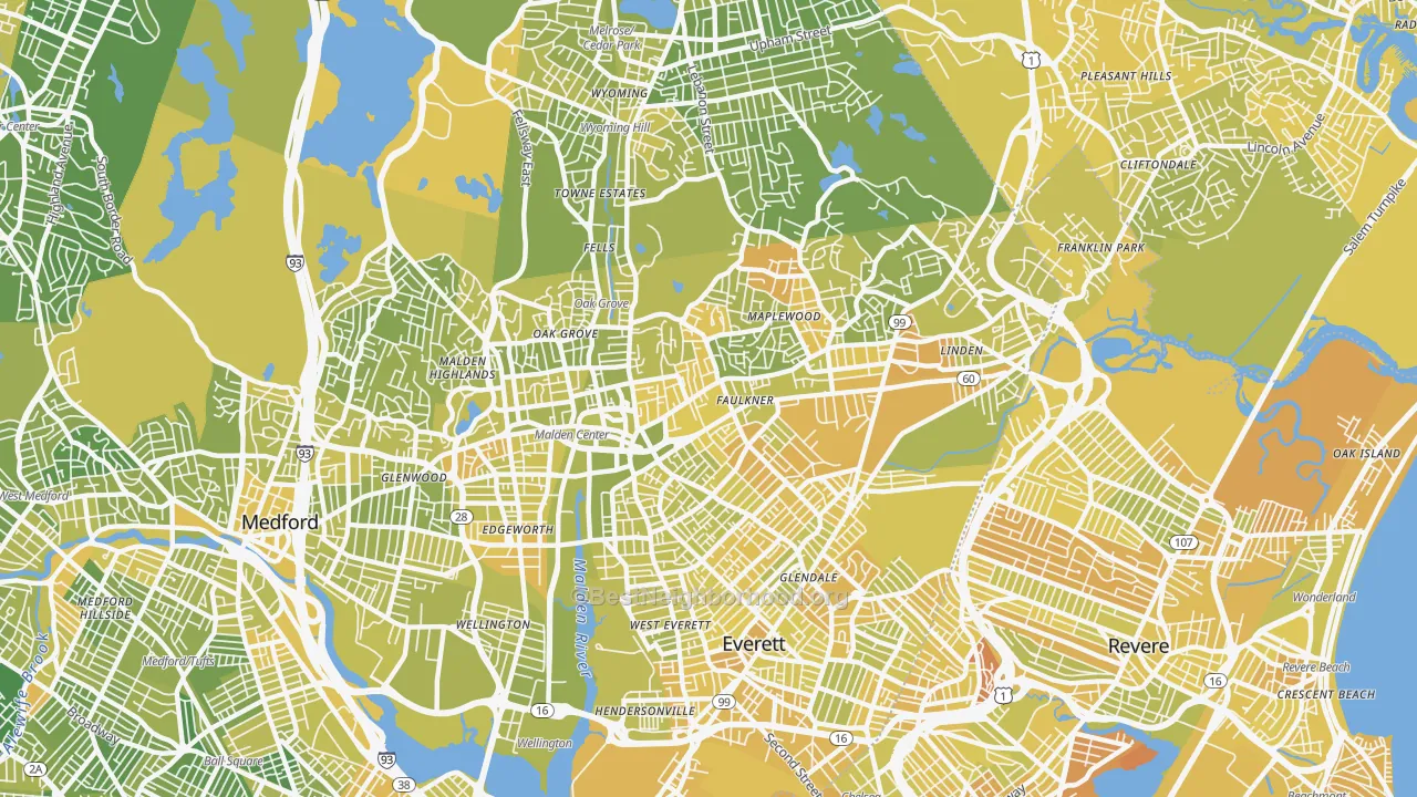 Map of the best neighborhoods in the Malden area, with better matches in green and worse matches in red