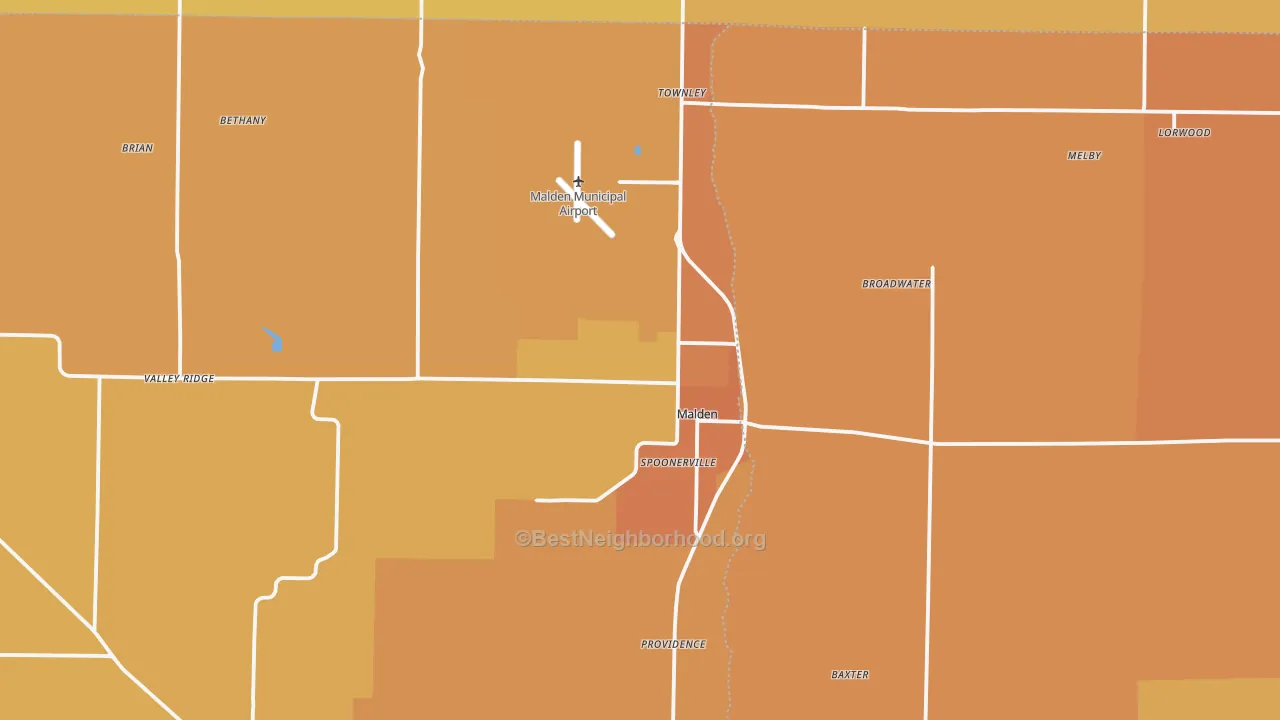 Map of the best neighborhoods in the Malden area, with better matches in green and worse matches in red