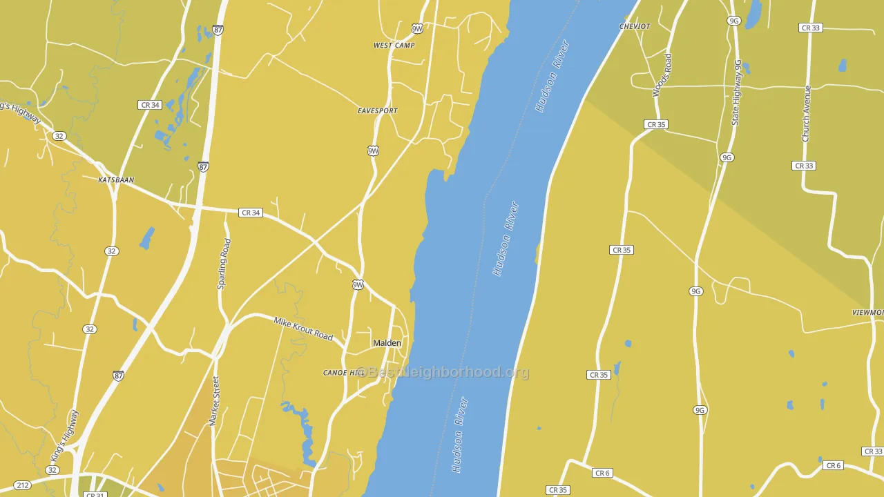 Map of the best neighborhoods in the Malden-on-Hudson area, with better matches in green and worse matches in red