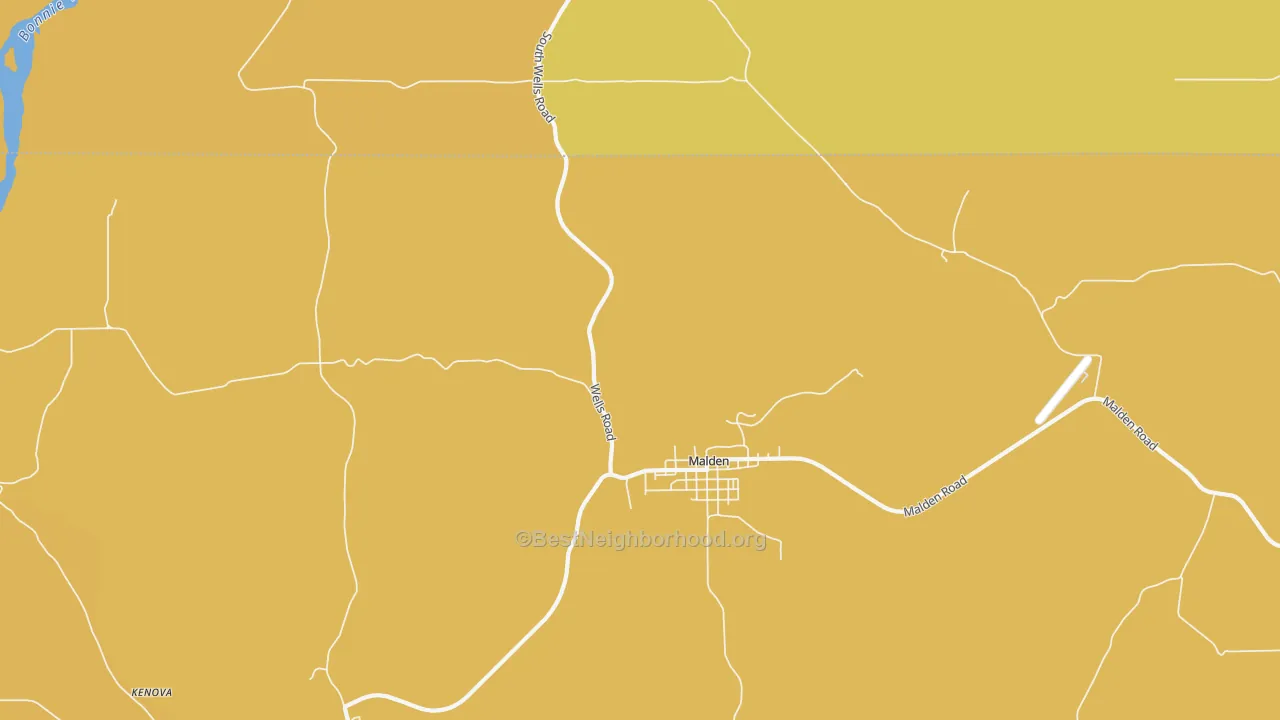Map of the best neighborhoods in the Malden area, with better matches in green and worse matches in red
