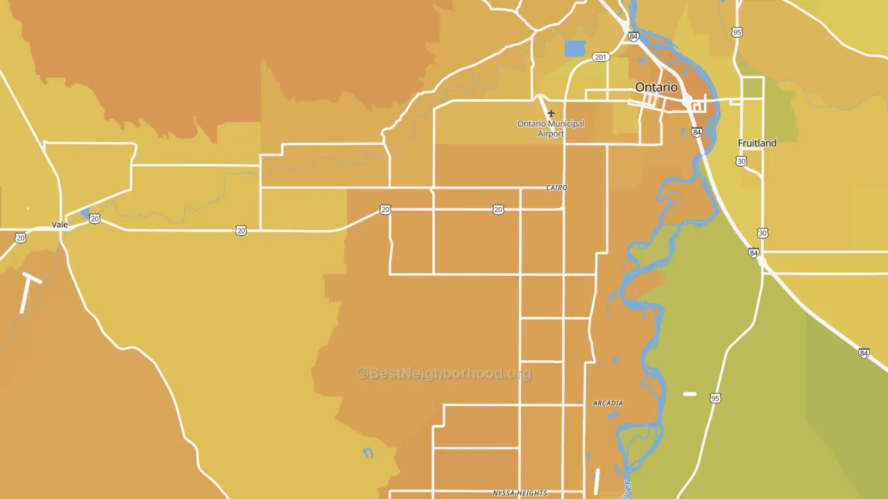 Map of the best neighborhoods in the Malheur County area, with better matches in green and worse matches in red