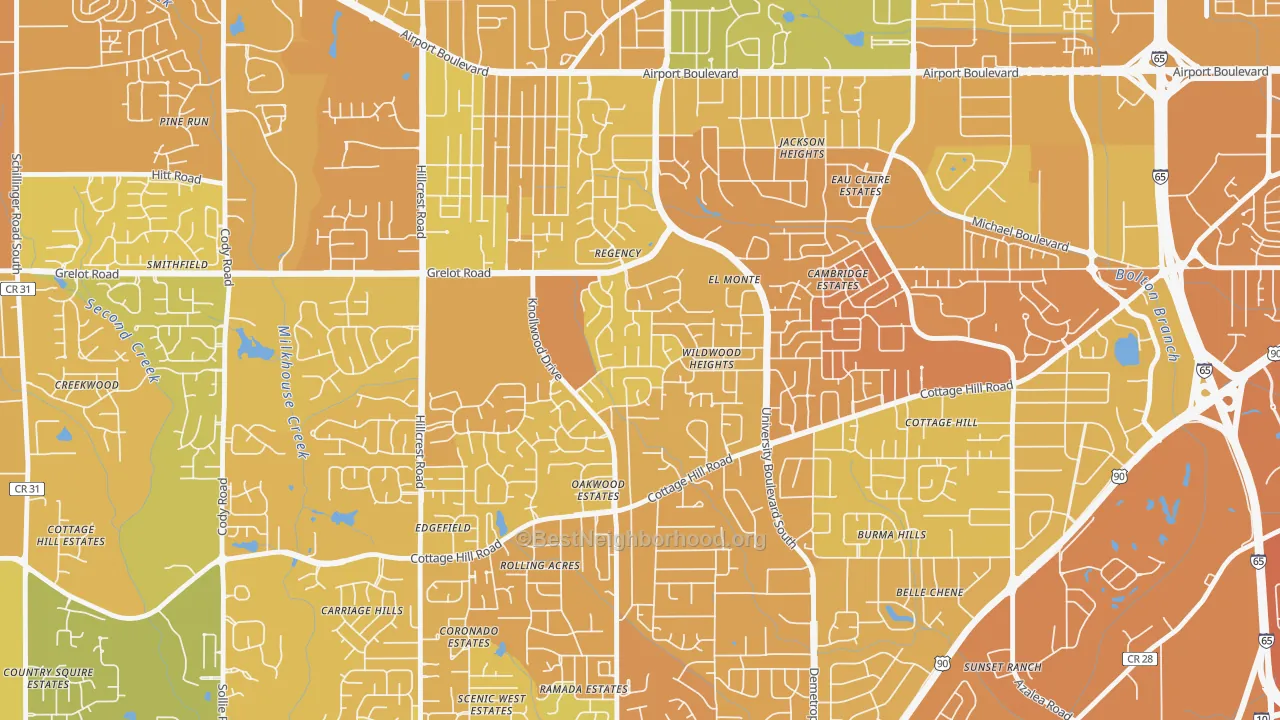 Map of the best neighborhoods in the Malibar Heights, Mobile area, with better matches in green and worse matches in red