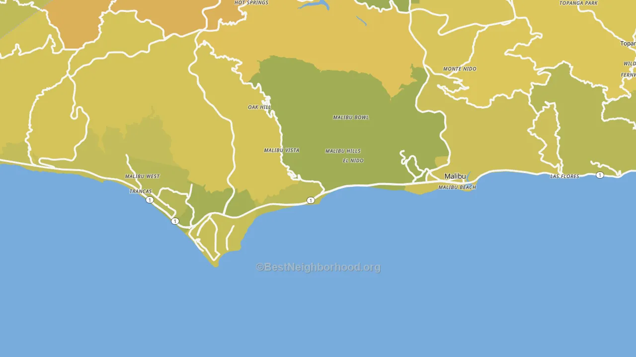 Map of the best neighborhoods in the Malibu area, with better matches in green and worse matches in red