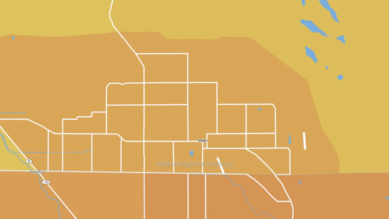 Map of the best neighborhoods in the Malin area, with better matches in green and worse matches in red