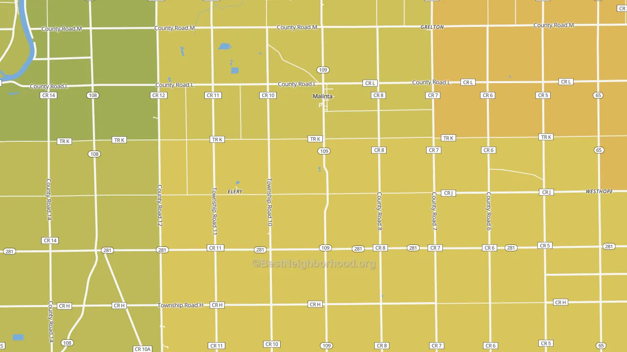 Map of the best neighborhoods in the Malinta area, with better matches in green and worse matches in red