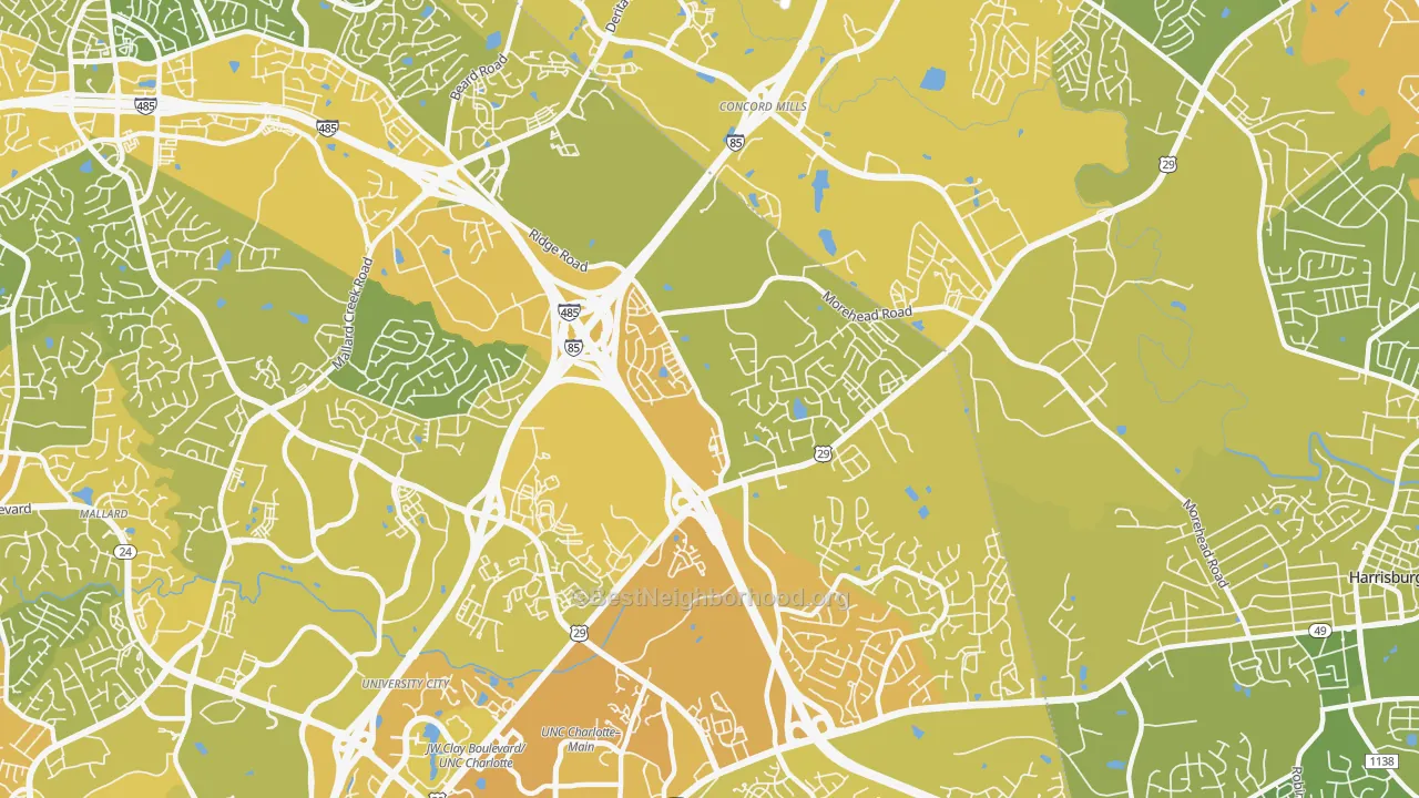 Map of the best neighborhoods in the Mallard Creek-Withrow Downs, Charlotte area, with better matches in green and worse matches in red