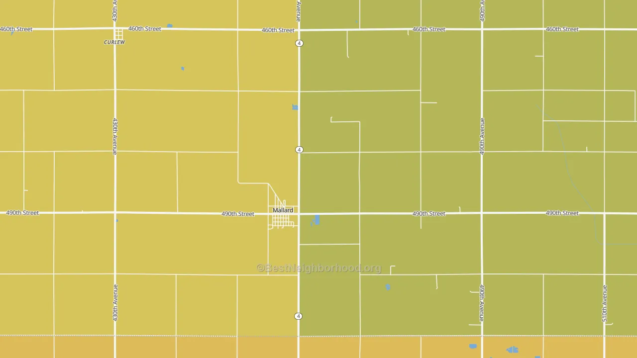 Map of the best neighborhoods in the Mallard area, with better matches in green and worse matches in red
