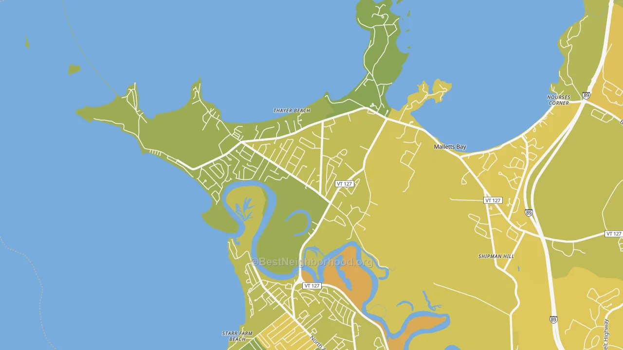 Map of the best neighborhoods in the Malletts Bay, Colchester area, with better matches in green and worse matches in red